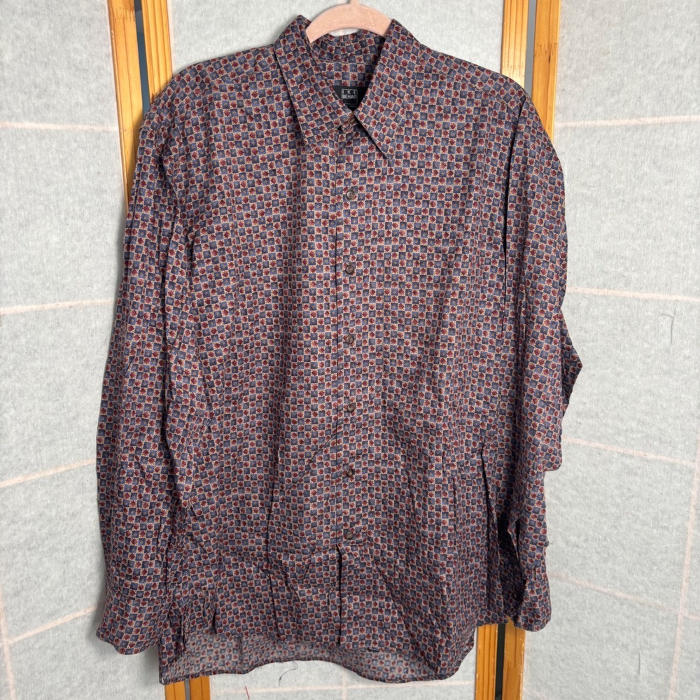 Ike Behar‎ New York Mens Large Button Down Shirt Geometric Blue Burgundy USA
